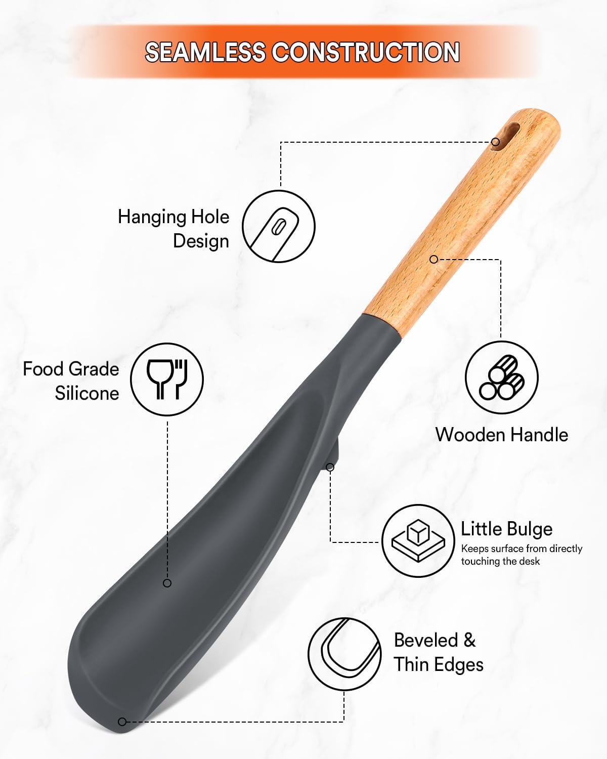 Cooking Spoon for Nonstick Cookwares, Great for Cooking and Serving Sturdy BPA-Free Matte Silicone, Wood Handle Spoon for Mixing, Scoop, and Scrape (2 Pack of Black, 13.4 inch)