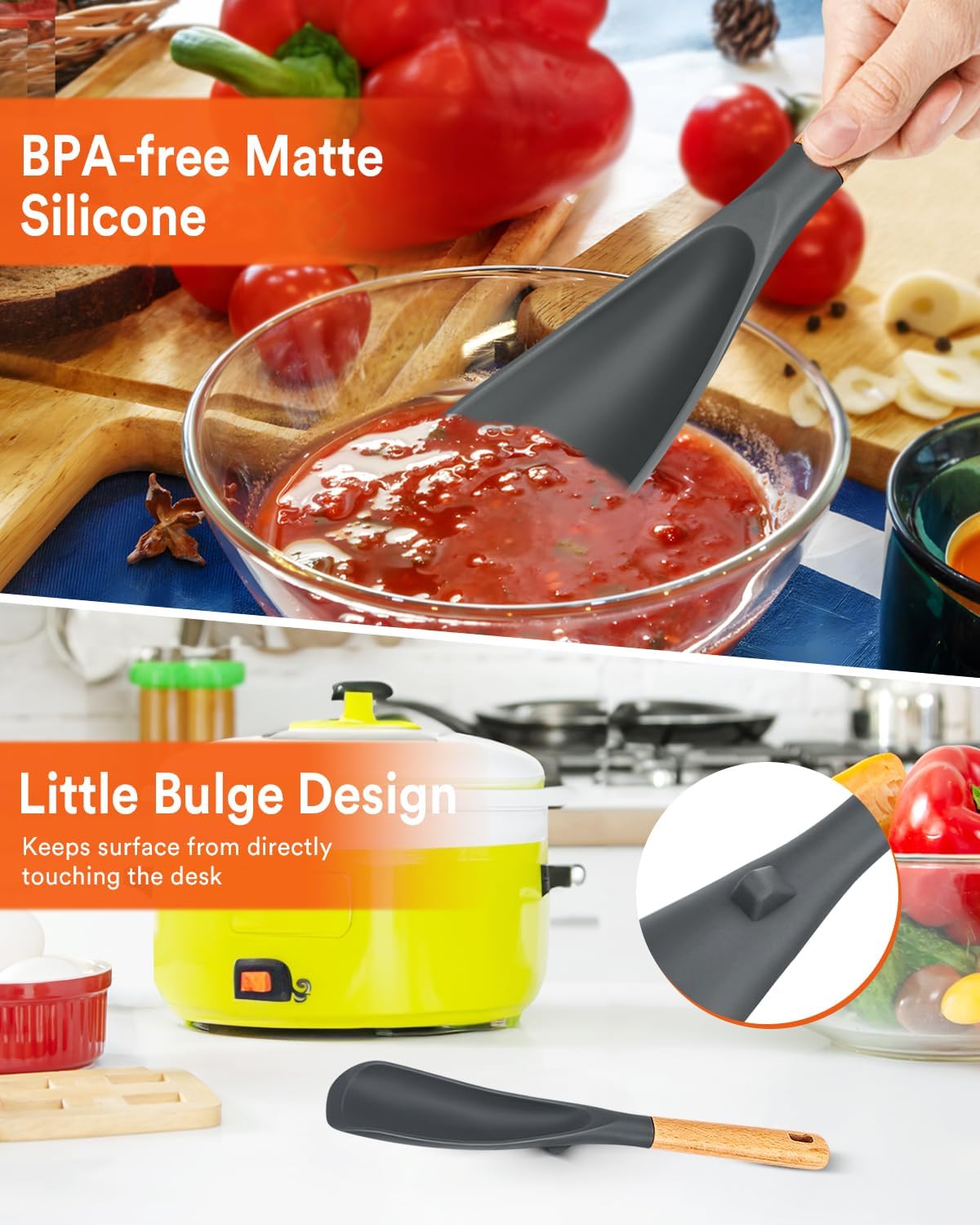 Cooking Spoon for Nonstick Cookwares, Great for Cooking and Serving Sturdy BPA-Free Matte Silicone, Wood Handle Spoon for Mixing, Scoop, and Scrape (2 Pack of Black, 13.4 inch)