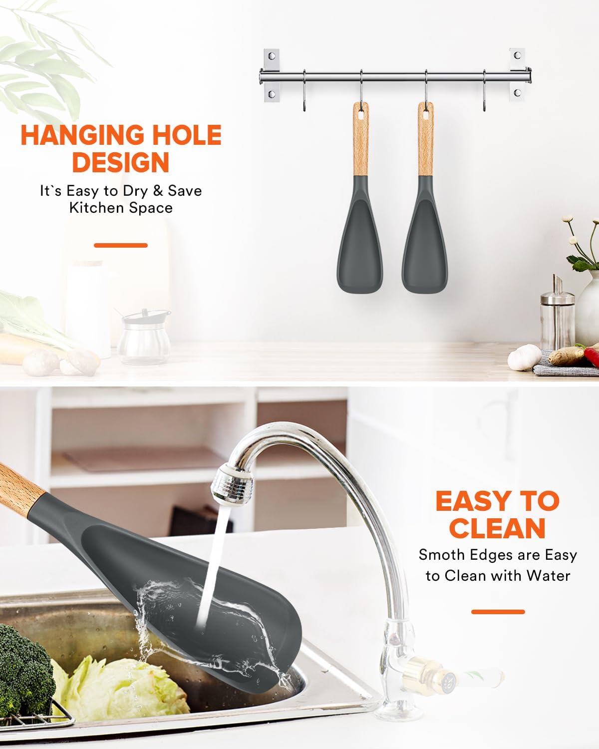 Cooking Spoon for Nonstick Cookwares, Great for Cooking and Serving Sturdy BPA-Free Matte Silicone, Wood Handle Spoon for Mixing, Scoop, and Scrape (2 Pack of Black, 13.4 inch)