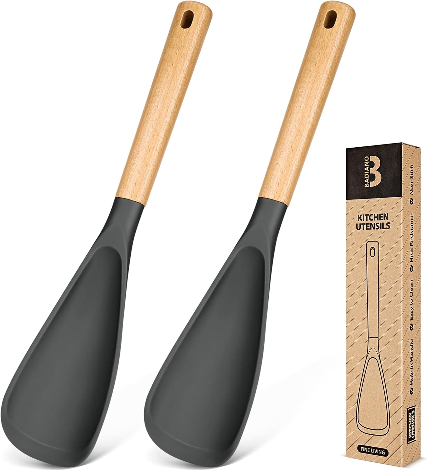Cooking Spoon for Nonstick Cookwares, Great for Cooking and Serving Sturdy BPA-Free Matte Silicone, Wood Handle Spoon for Mixing, Scoop, and Scrape (2 Pack of Black, 13.4 inch)