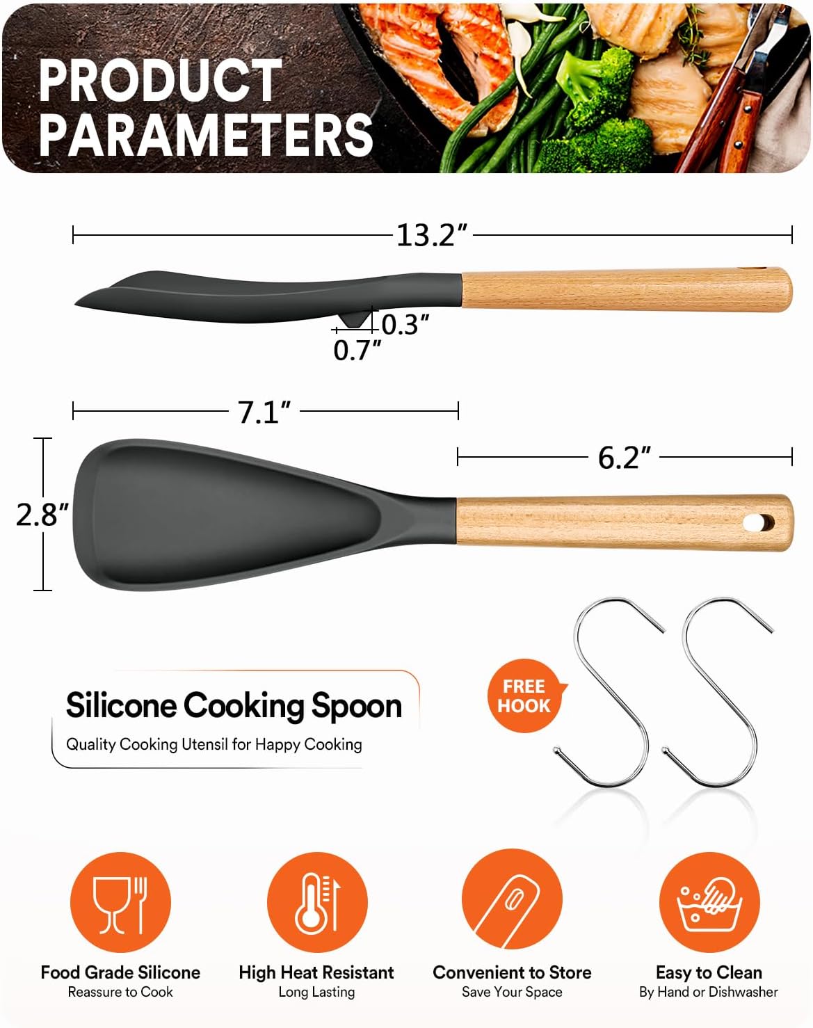Cooking Spoon for Nonstick Cookwares, Great for Cooking and Serving Sturdy BPA-Free Matte Silicone, Wood Handle Spoon for Mixing, Scoop, and Scrape (2 Pack of Black, 13.4 inch)