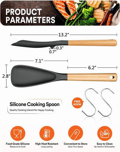 Cooking Spoon for Nonstick Cookwares, Great for Cooking and Serving Sturdy BPA-Free Matte Silicone, Wood Handle Spoon for Mixing, Scoop, and Scrape (2 Pack of Black, 13.4 inch)