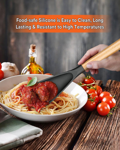 Cooking Spoon for Nonstick Cookwares, Great for Cooking and Serving Sturdy BPA-Free Matte Silicone, Wood Handle Spoon for Mixing, Scoop, and Scrape (2 Pack of Black, 13.4 inch)