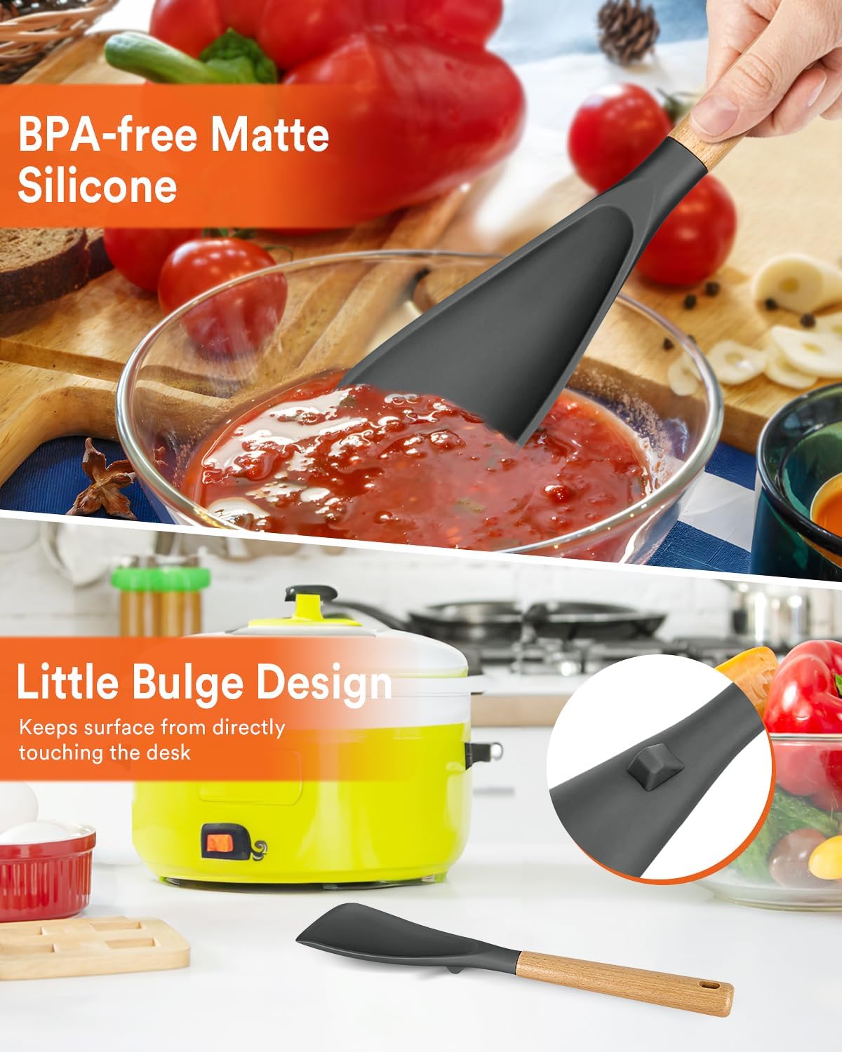 Cooking Spoon for Nonstick Cookwares, Great for Cooking and Serving Sturdy BPA-Free Matte Silicone, Wood Handle Spoon for Mixing, Scoop, and Scrape (2 Pack of Black, 13.4 inch)