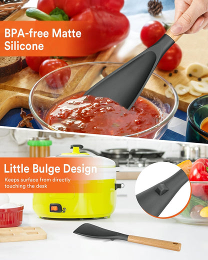 Cooking Spoon for Nonstick Cookwares, Great for Cooking and Serving Sturdy BPA-Free Matte Silicone, Wood Handle Spoon for Mixing, Scoop, and Scrape (2 Pack of Black, 13.4 inch)