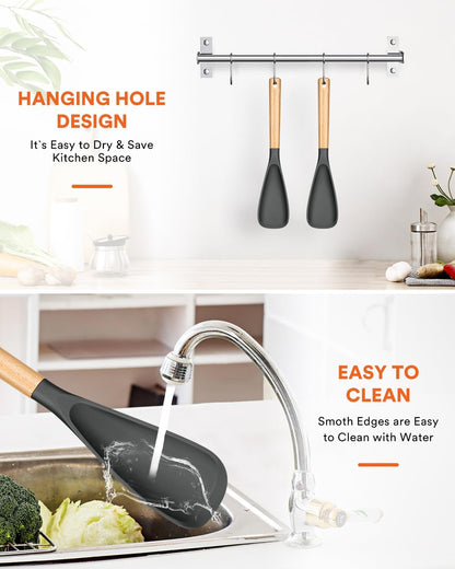 Cooking Spoon for Nonstick Cookwares, Great for Cooking and Serving Sturdy BPA-Free Matte Silicone, Wood Handle Spoon for Mixing, Scoop, and Scrape (2 Pack of Black, 13.4 inch)