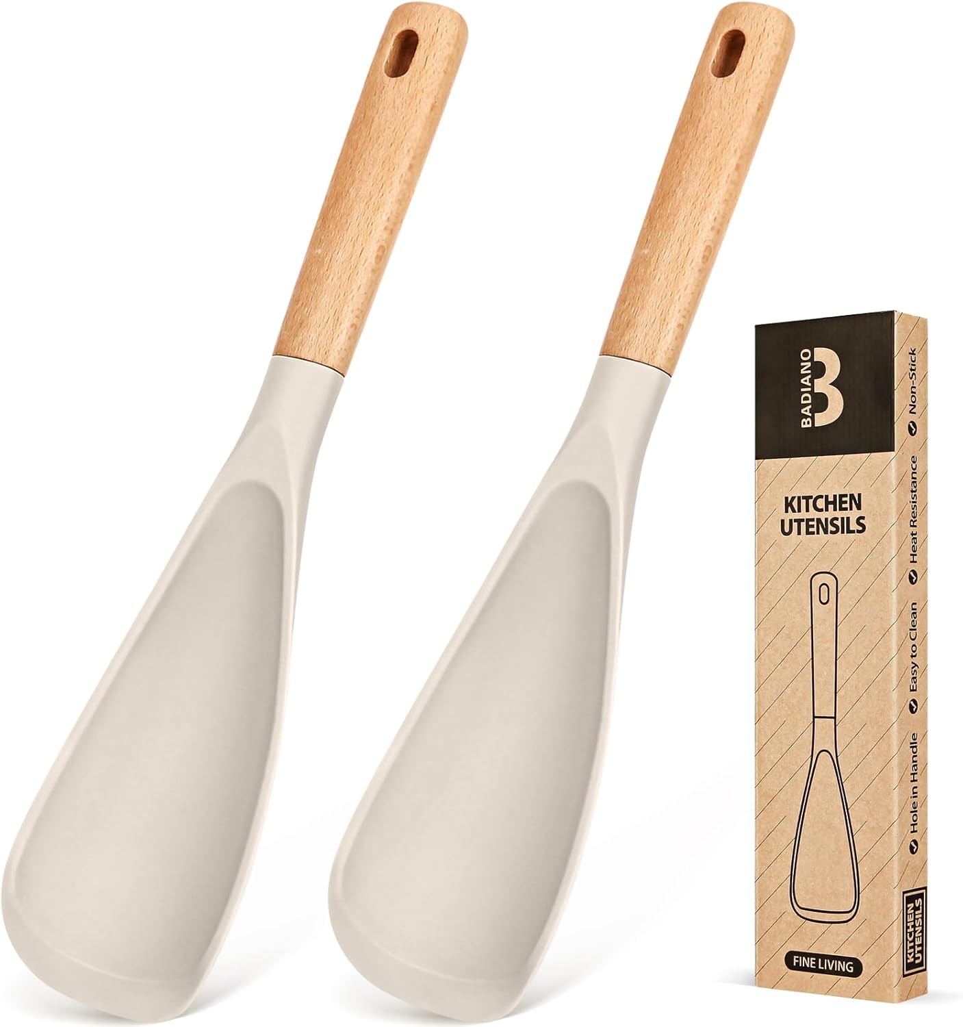 Cooking Spoon for Nonstick Cookwares, Great for Cooking and Serving Sturdy BPA-Free Matte Silicone, Wood Handle Spoon for Mixing, Scoop, and Scrape (2 Pack of Black, 13.4 inch)