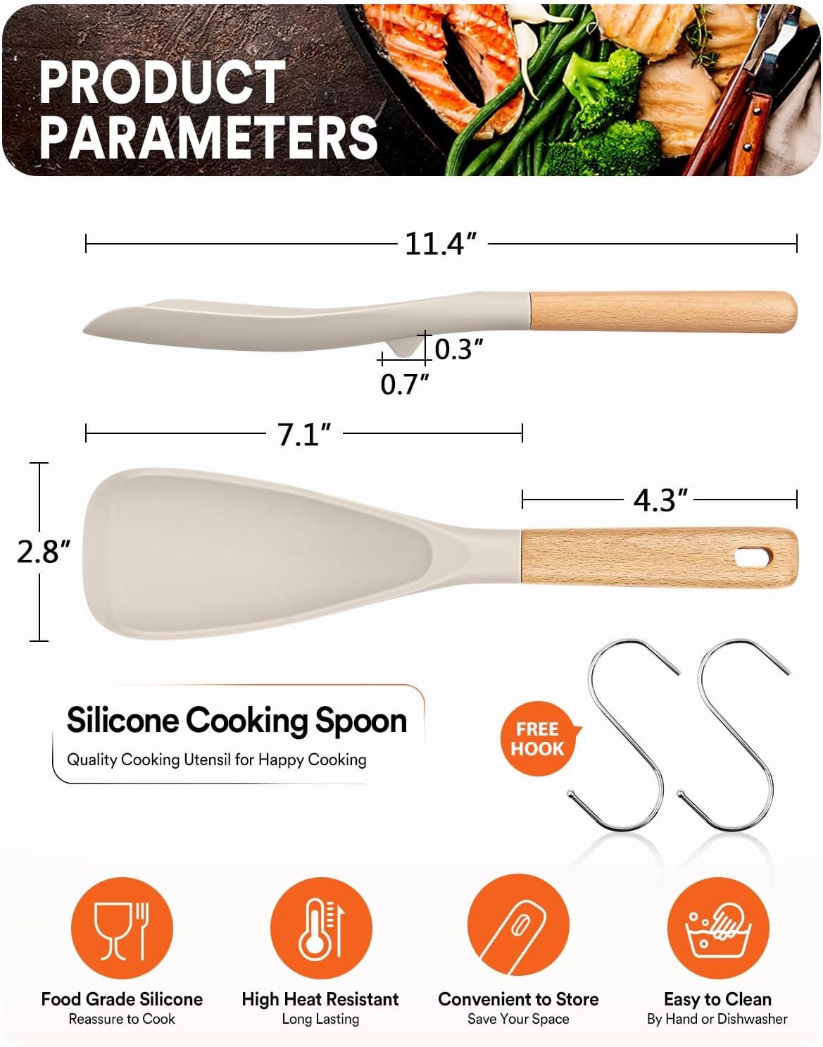 Cooking Spoon for Nonstick Cookwares, Great for Cooking and Serving Sturdy BPA-Free Matte Silicone, Wood Handle Spoon for Mixing, Scoop, and Scrape (2 Pack of Black, 13.4 inch)