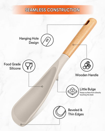 Cooking Spoon for Nonstick Cookwares, Great for Cooking and Serving Sturdy BPA-Free Matte Silicone, Wood Handle Spoon for Mixing, Scoop, and Scrape (2 Pack of Black, 13.4 inch)