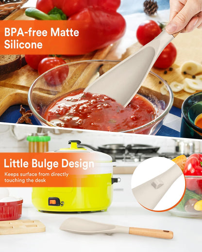 Cooking Spoon for Nonstick Cookwares, Great for Cooking and Serving Sturdy BPA-Free Matte Silicone, Wood Handle Spoon for Mixing, Scoop, and Scrape (2 Pack of Black, 13.4 inch)