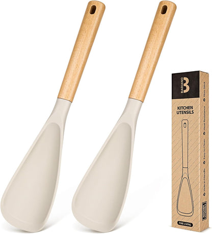 Cooking Spoon for Nonstick Cookwares, Great for Cooking and Serving Sturdy BPA-Free Matte Silicone, Wood Handle Spoon for Mixing, Scoop, and Scrape (2 Pack of Black, 13.4 inch)