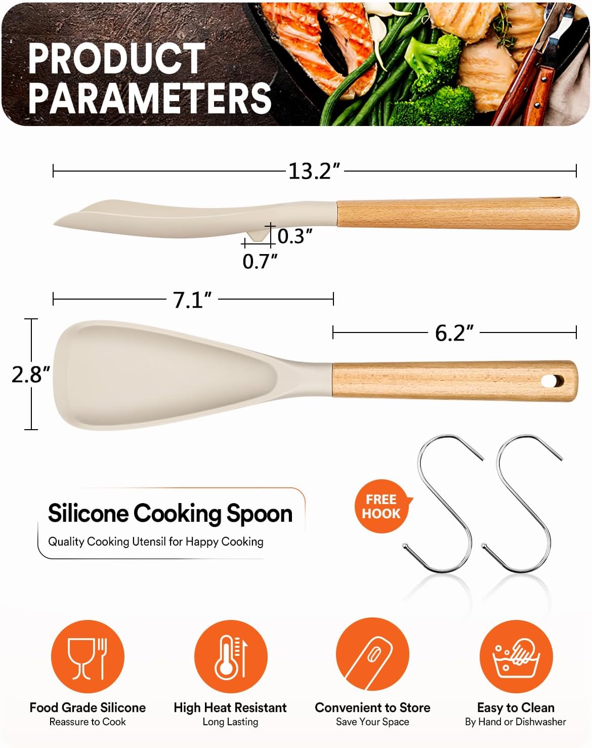 Cooking Spoon for Nonstick Cookwares, Great for Cooking and Serving Sturdy BPA-Free Matte Silicone, Wood Handle Spoon for Mixing, Scoop, and Scrape (2 Pack of Black, 13.4 inch)