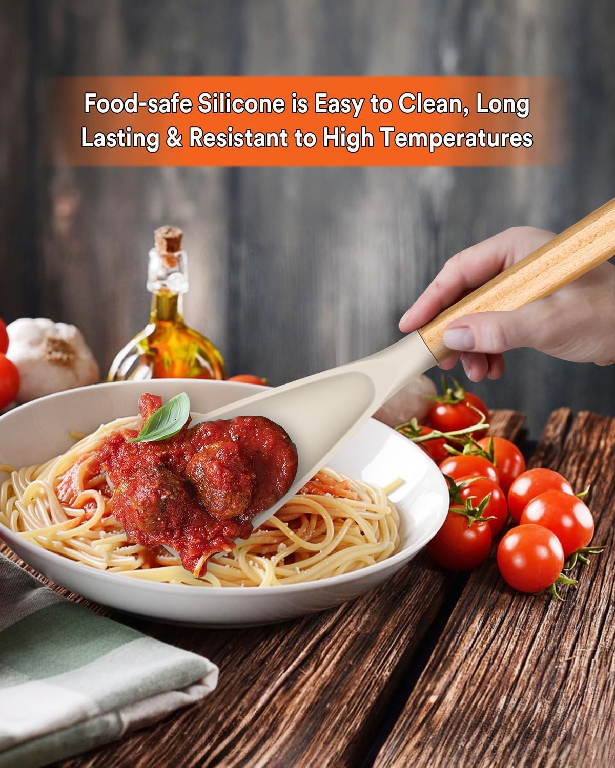 Cooking Spoon for Nonstick Cookwares, Great for Cooking and Serving Sturdy BPA-Free Matte Silicone, Wood Handle Spoon for Mixing, Scoop, and Scrape (2 Pack of Black, 13.4 inch)