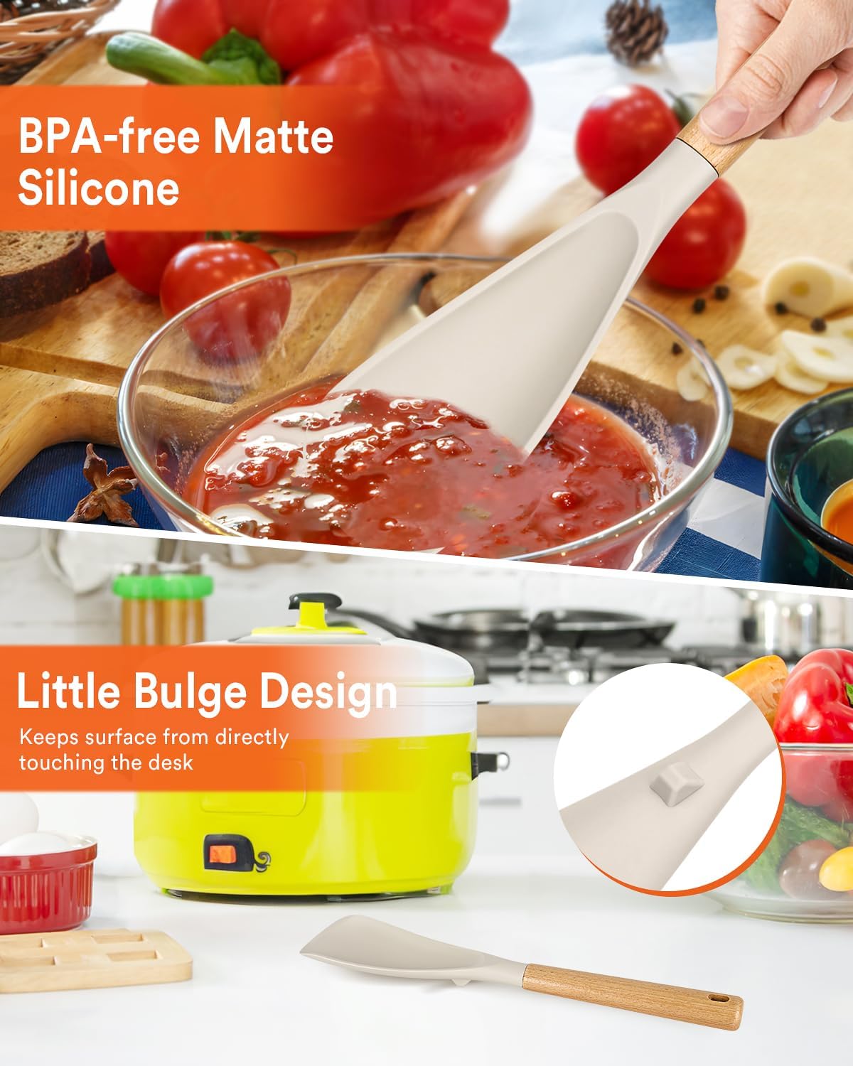 Cooking Spoon for Nonstick Cookwares, Great for Cooking and Serving Sturdy BPA-Free Matte Silicone, Wood Handle Spoon for Mixing, Scoop, and Scrape (2 Pack of Black, 13.4 inch)