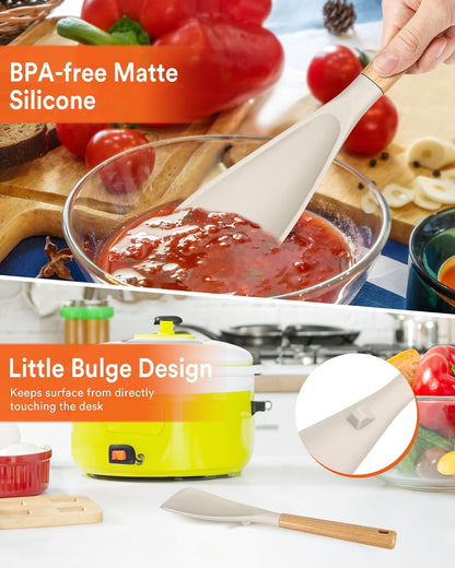 Cooking Spoon for Nonstick Cookwares, Great for Cooking and Serving Sturdy BPA-Free Matte Silicone, Wood Handle Spoon for Mixing, Scoop, and Scrape (2 Pack of Black, 13.4 inch)