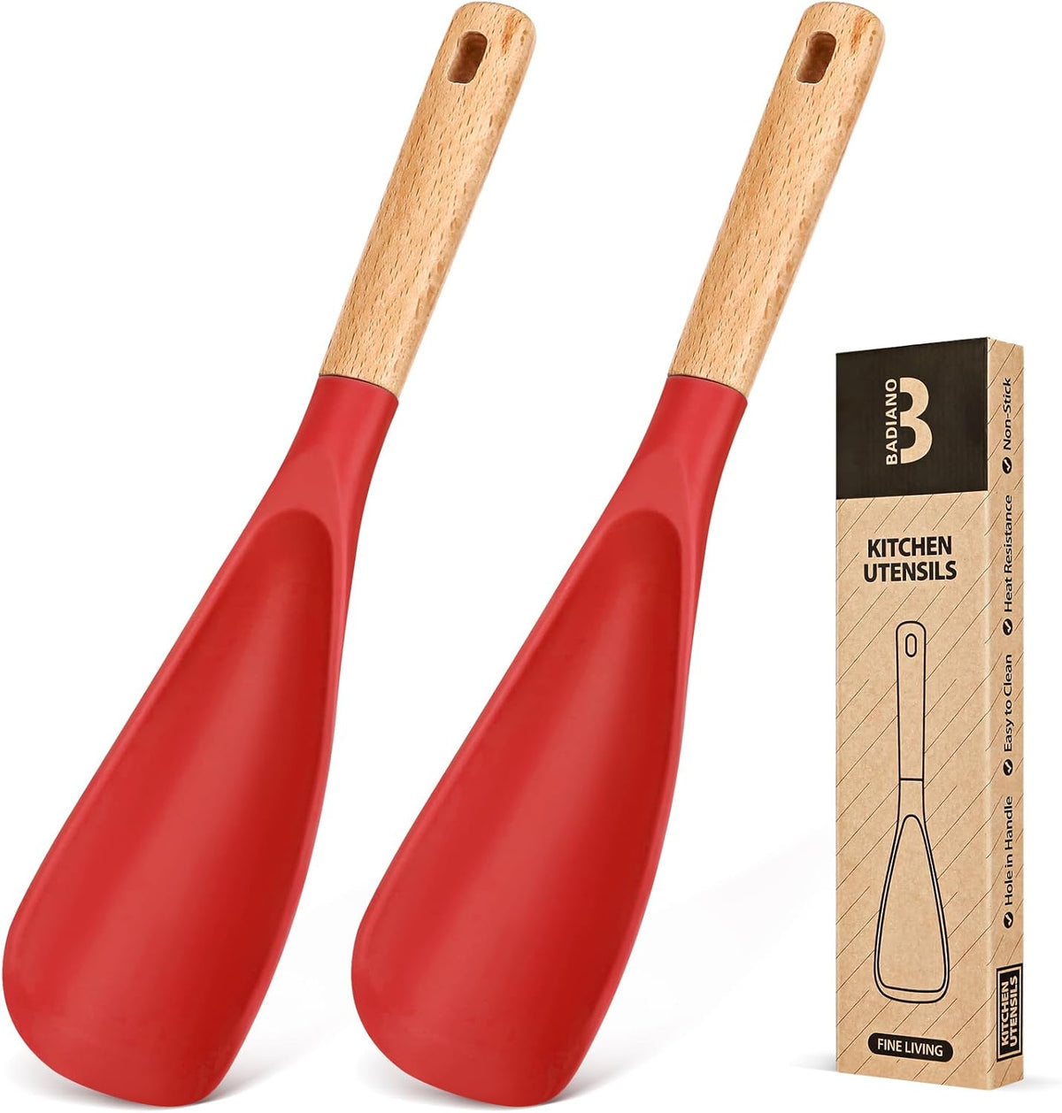Cooking Spoon for Nonstick Cookwares, Great for Cooking and Serving Sturdy BPA-Free Matte Silicone, Wood Handle Spoon for Mixing, Scoop, and Scrape (2 Pack of Black, 13.4 inch)