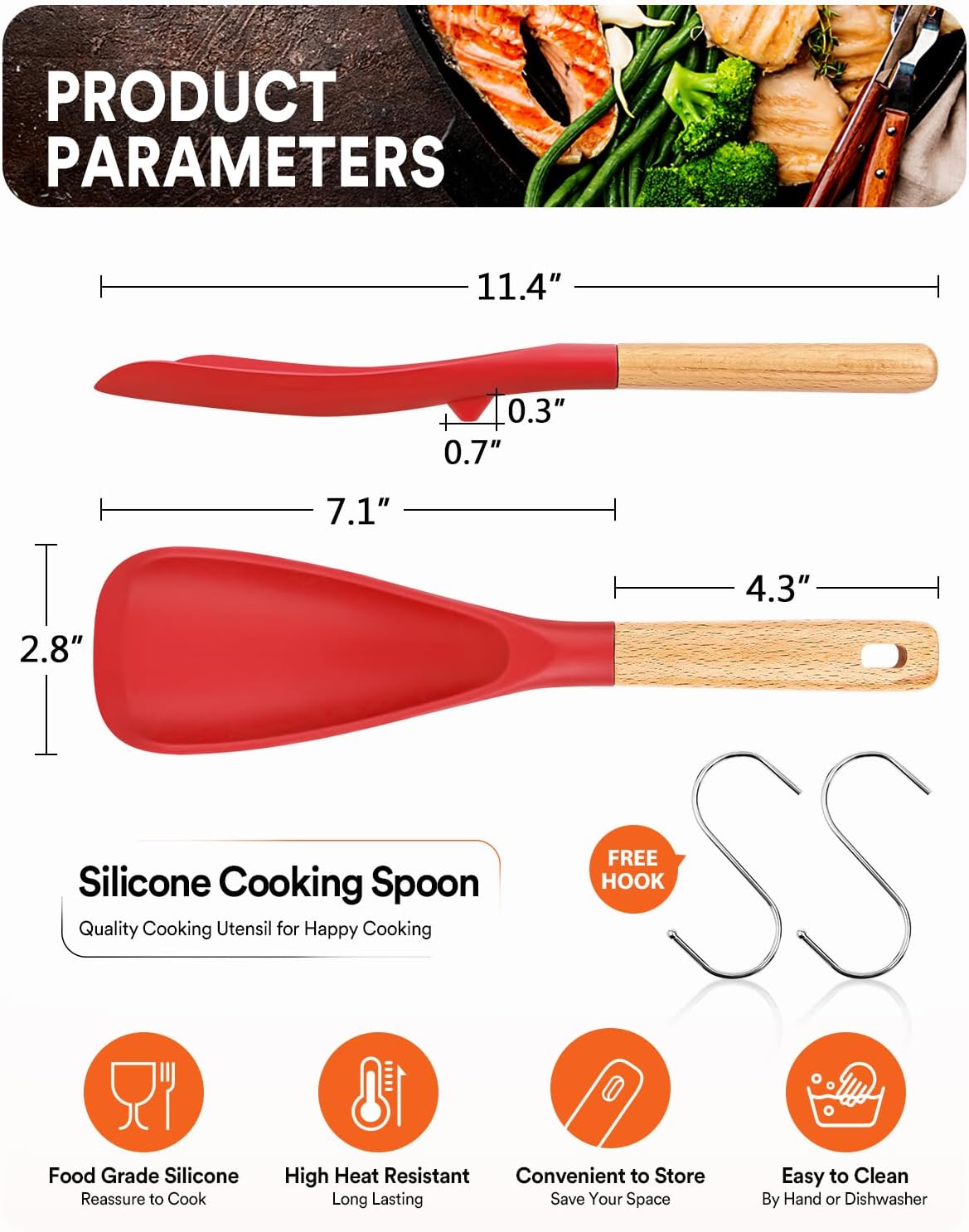 Cooking Spoon for Nonstick Cookwares, Great for Cooking and Serving Sturdy BPA-Free Matte Silicone, Wood Handle Spoon for Mixing, Scoop, and Scrape (2 Pack of Black, 13.4 inch)