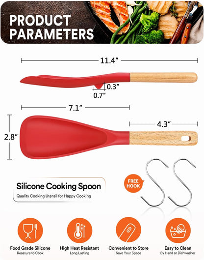 Cooking Spoon for Nonstick Cookwares, Great for Cooking and Serving Sturdy BPA-Free Matte Silicone, Wood Handle Spoon for Mixing, Scoop, and Scrape (2 Pack of Black, 13.4 inch)
