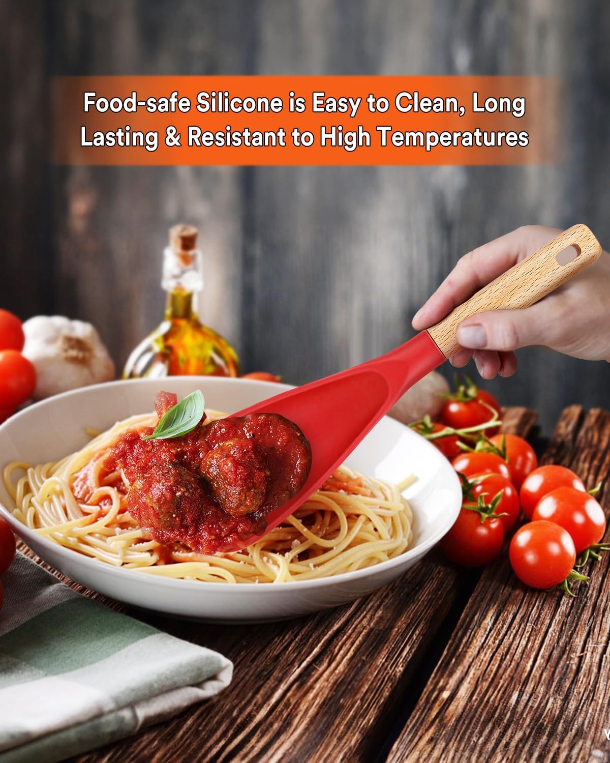 Cooking Spoon for Nonstick Cookwares, Great for Cooking and Serving Sturdy BPA-Free Matte Silicone, Wood Handle Spoon for Mixing, Scoop, and Scrape (2 Pack of Black, 13.4 inch)