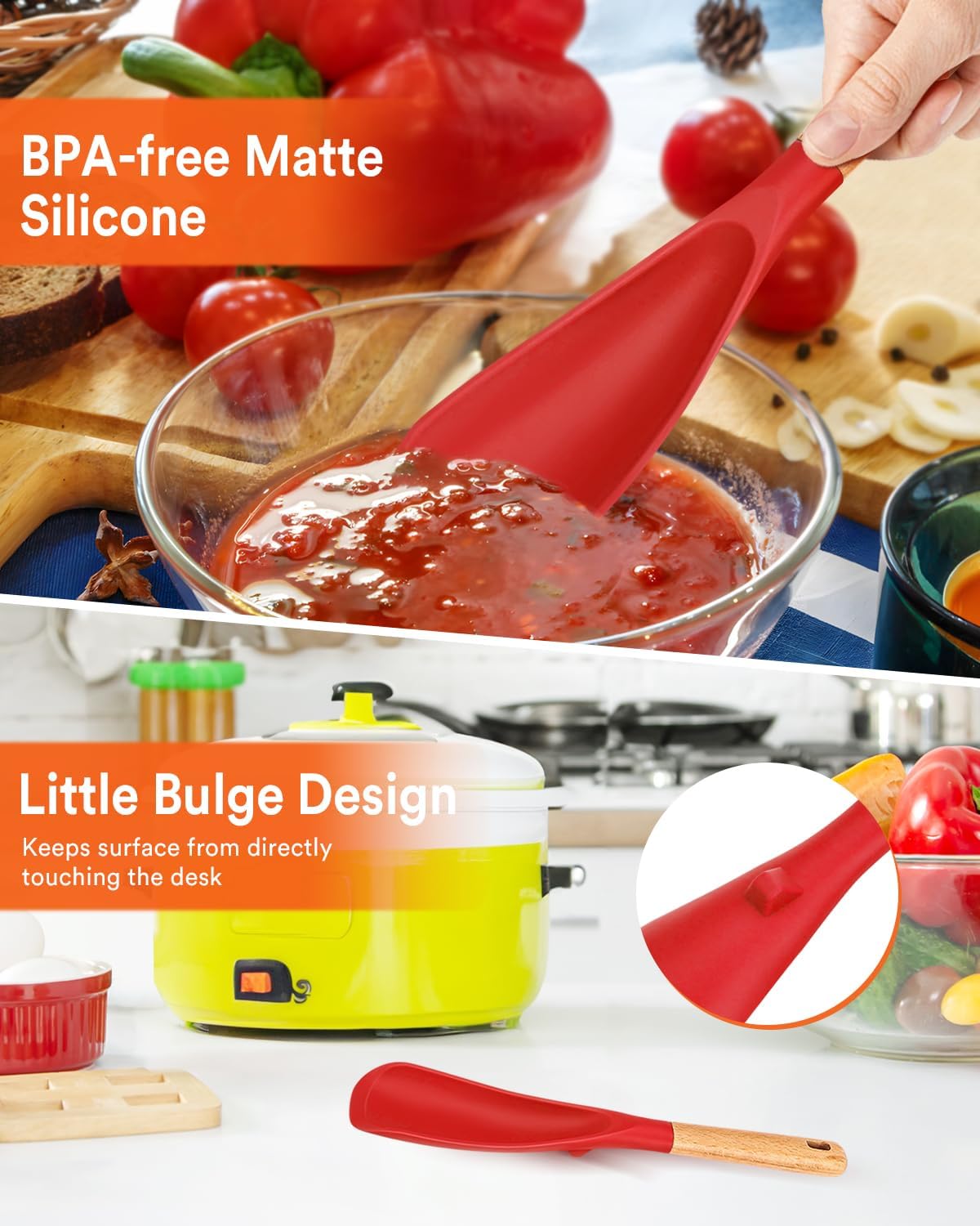 Cooking Spoon for Nonstick Cookwares, Great for Cooking and Serving Sturdy BPA-Free Matte Silicone, Wood Handle Spoon for Mixing, Scoop, and Scrape (2 Pack of Black, 13.4 inch)