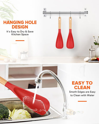 Cooking Spoon for Nonstick Cookwares, Great for Cooking and Serving Sturdy BPA-Free Matte Silicone, Wood Handle Spoon for Mixing, Scoop, and Scrape (2 Pack of Black, 13.4 inch)