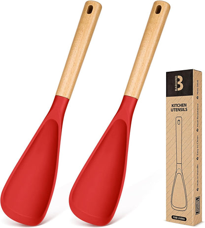 Cooking Spoon for Nonstick Cookwares, Great for Cooking and Serving Sturdy BPA-Free Matte Silicone, Wood Handle Spoon for Mixing, Scoop, and Scrape (2 Pack of Black, 13.4 inch)