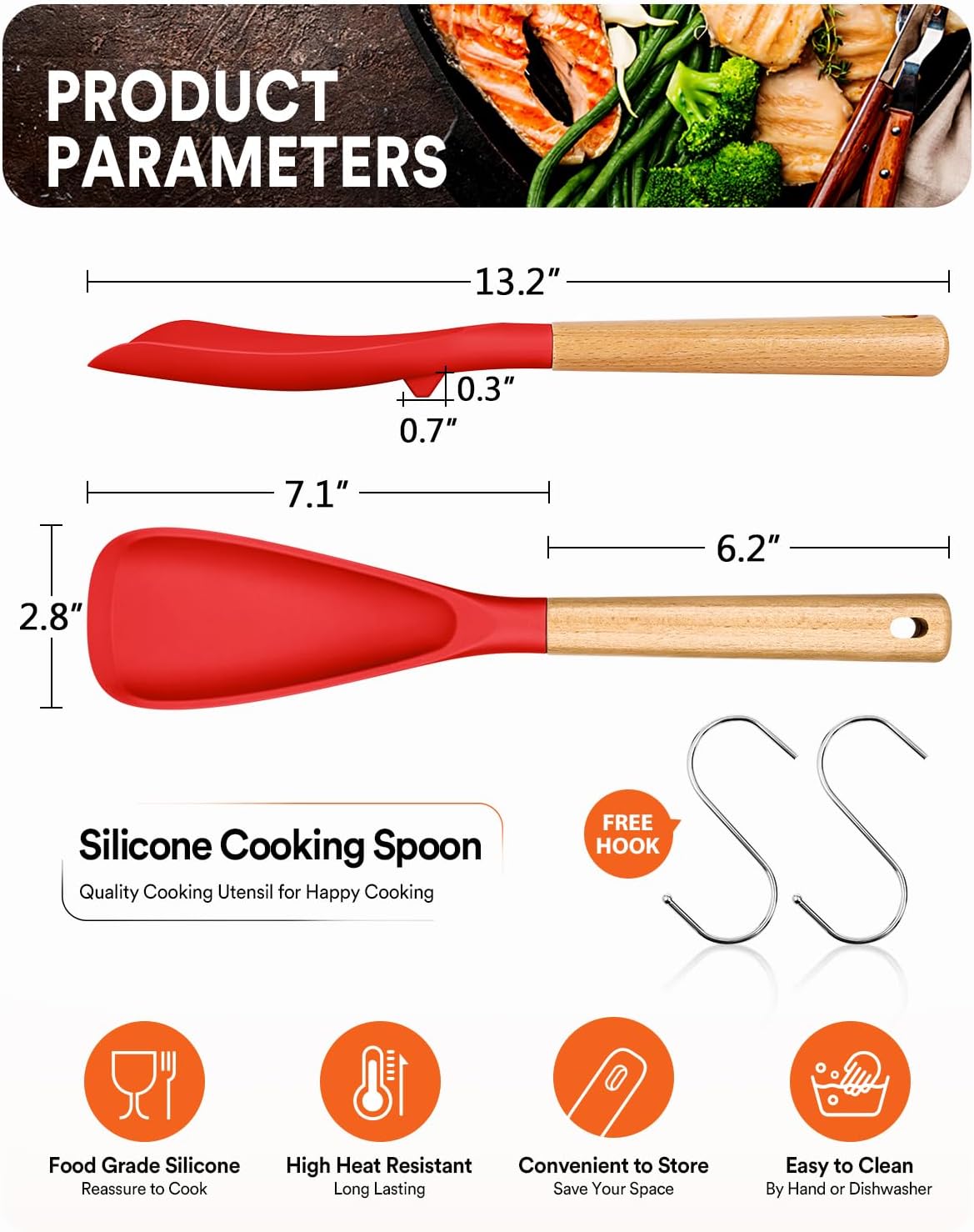 Cooking Spoon for Nonstick Cookwares, Great for Cooking and Serving Sturdy BPA-Free Matte Silicone, Wood Handle Spoon for Mixing, Scoop, and Scrape (2 Pack of Black, 13.4 inch)