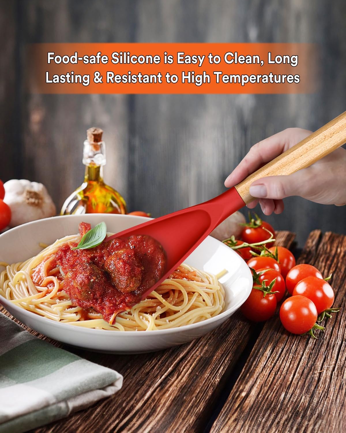 Cooking Spoon for Nonstick Cookwares, Great for Cooking and Serving Sturdy BPA-Free Matte Silicone, Wood Handle Spoon for Mixing, Scoop, and Scrape (2 Pack of Black, 13.4 inch)