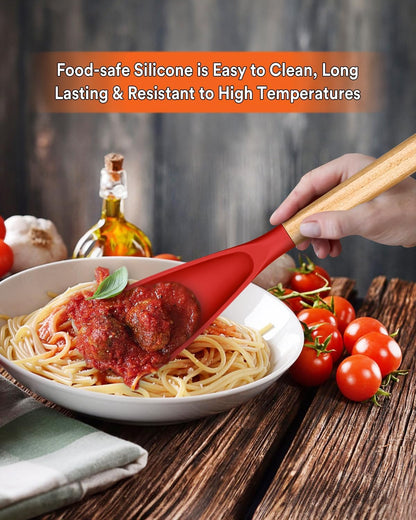 Cooking Spoon for Nonstick Cookwares, Great for Cooking and Serving Sturdy BPA-Free Matte Silicone, Wood Handle Spoon for Mixing, Scoop, and Scrape (2 Pack of Black, 13.4 inch)