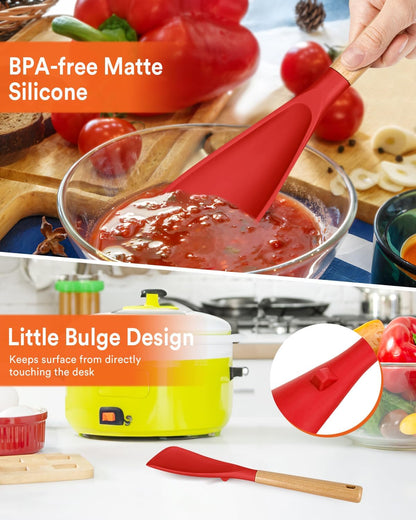 Cooking Spoon for Nonstick Cookwares, Great for Cooking and Serving Sturdy BPA-Free Matte Silicone, Wood Handle Spoon for Mixing, Scoop, and Scrape (2 Pack of Black, 13.4 inch)