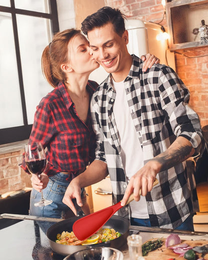 Cooking Spoon for Nonstick Cookwares, Great for Cooking and Serving Sturdy BPA-Free Matte Silicone, Wood Handle Spoon for Mixing, Scoop, and Scrape (2 Pack of Black, 13.4 inch)