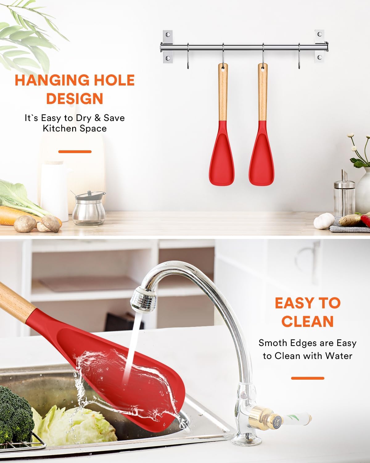 Cooking Spoon for Nonstick Cookwares, Great for Cooking and Serving Sturdy BPA-Free Matte Silicone, Wood Handle Spoon for Mixing, Scoop, and Scrape (2 Pack of Black, 13.4 inch)