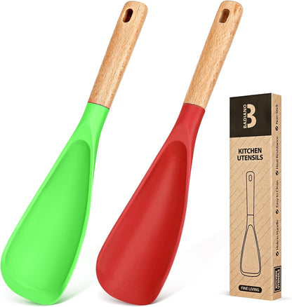 Cooking Spoon for Nonstick Cookwares, Great for Cooking and Serving Sturdy BPA-Free Matte Silicone, Wood Handle Spoon for Mixing, Scoop, and Scrape (2 Pack of Black, 13.4 inch)