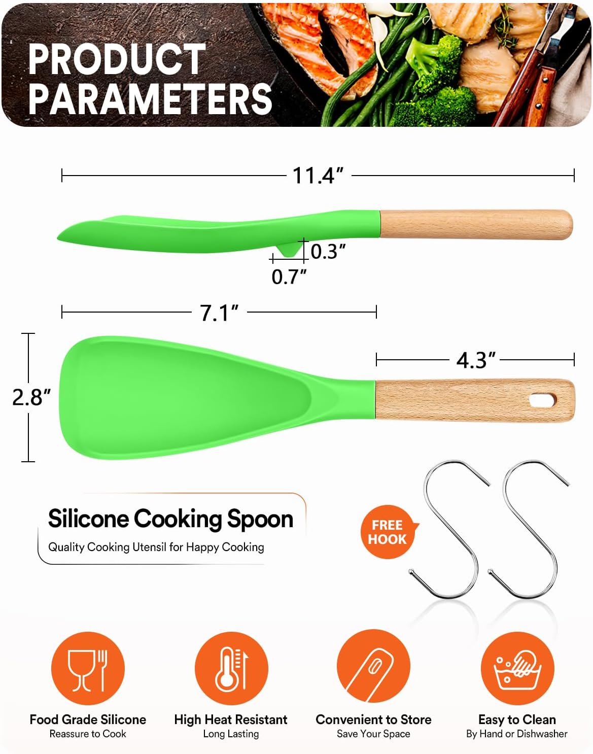 Cooking Spoon for Nonstick Cookwares, Great for Cooking and Serving Sturdy BPA-Free Matte Silicone, Wood Handle Spoon for Mixing, Scoop, and Scrape (2 Pack of Black, 13.4 inch)