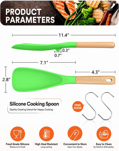 Cooking Spoon for Nonstick Cookwares, Great for Cooking and Serving Sturdy BPA-Free Matte Silicone, Wood Handle Spoon for Mixing, Scoop, and Scrape (2 Pack of Black, 13.4 inch)