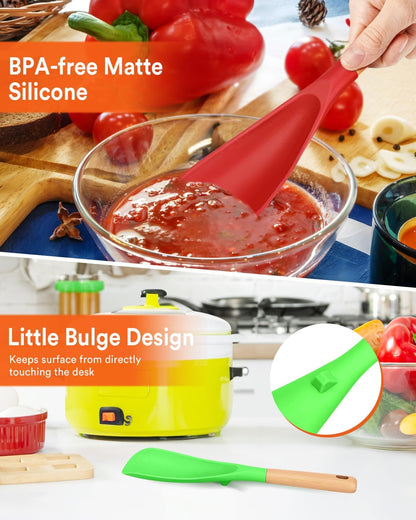 Cooking Spoon for Nonstick Cookwares, Great for Cooking and Serving Sturdy BPA-Free Matte Silicone, Wood Handle Spoon for Mixing, Scoop, and Scrape (2 Pack of Black, 13.4 inch)
