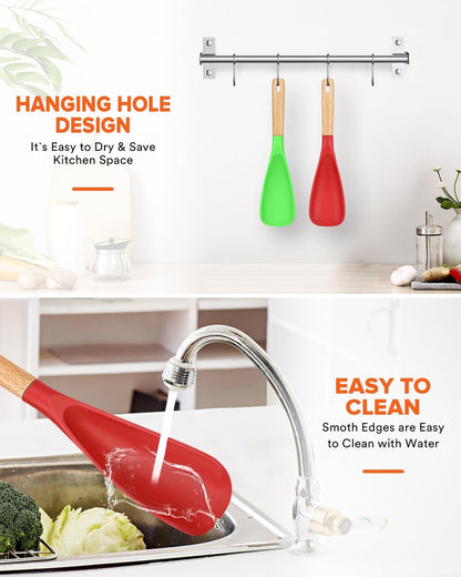 Cooking Spoon for Nonstick Cookwares, Great for Cooking and Serving Sturdy BPA-Free Matte Silicone, Wood Handle Spoon for Mixing, Scoop, and Scrape (2 Pack of Black, 13.4 inch)