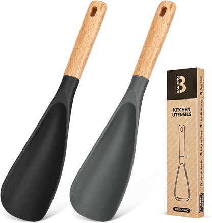 Cooking Spoon for Nonstick Cookwares, Great for Cooking and Serving Sturdy BPA-Free Matte Silicone, Wood Handle Spoon for Mixing, Scoop, and Scrape (2 Pack of Black, 13.4 inch)