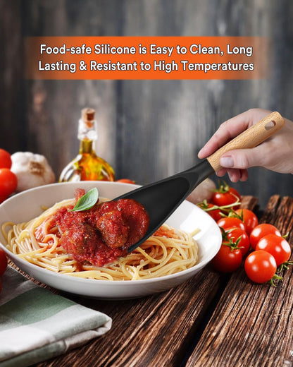 Cooking Spoon for Nonstick Cookwares, Great for Cooking and Serving Sturdy BPA-Free Matte Silicone, Wood Handle Spoon for Mixing, Scoop, and Scrape (2 Pack of Black, 13.4 inch)