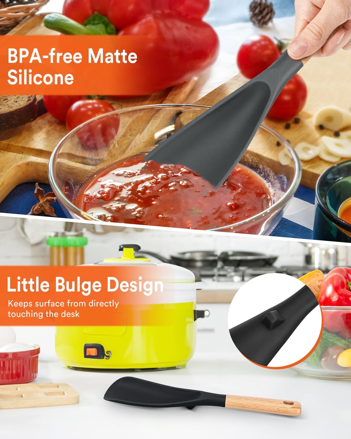 Cooking Spoon for Nonstick Cookwares, Great for Cooking and Serving Sturdy BPA-Free Matte Silicone, Wood Handle Spoon for Mixing, Scoop, and Scrape (2 Pack of Black, 13.4 inch)
