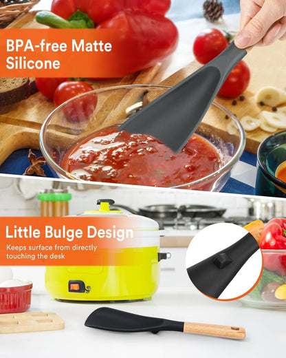 Cooking Spoon for Nonstick Cookwares, Great for Cooking and Serving Sturdy BPA-Free Matte Silicone, Wood Handle Spoon for Mixing, Scoop, and Scrape (2 Pack of Black, 13.4 inch)