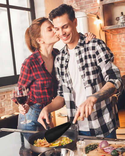 Cooking Spoon for Nonstick Cookwares, Great for Cooking and Serving Sturdy BPA-Free Matte Silicone, Wood Handle Spoon for Mixing, Scoop, and Scrape (2 Pack of Black, 13.4 inch)