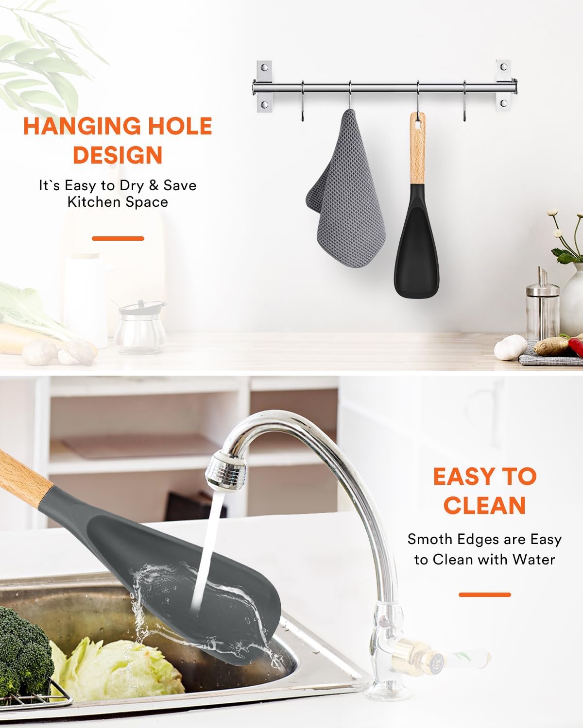 Cooking Spoon for Nonstick Cookwares, Great for Cooking and Serving Sturdy BPA-Free Matte Silicone, Wood Handle Spoon for Mixing, Scoop, and Scrape (2 Pack of Black, 13.4 inch)