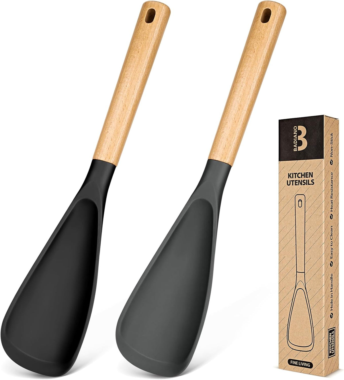 Cooking Spoon for Nonstick Cookwares, Great for Cooking and Serving Sturdy BPA-Free Matte Silicone, Wood Handle Spoon for Mixing, Scoop, and Scrape (2 Pack of Black, 13.4 inch)