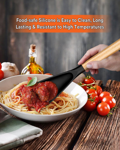 Cooking Spoon for Nonstick Cookwares, Great for Cooking and Serving Sturdy BPA-Free Matte Silicone, Wood Handle Spoon for Mixing, Scoop, and Scrape (2 Pack of Black, 13.4 inch)