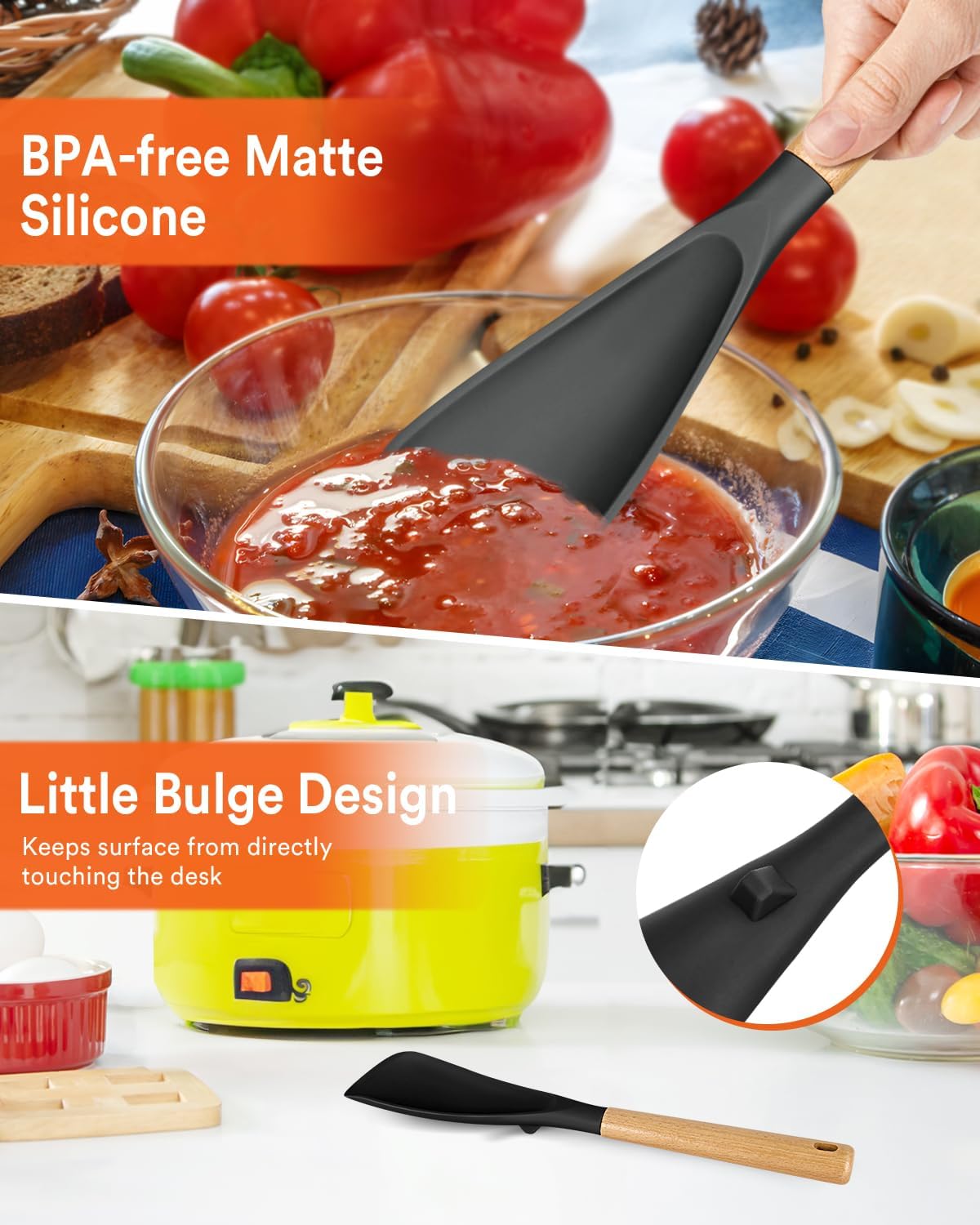 Cooking Spoon for Nonstick Cookwares, Great for Cooking and Serving Sturdy BPA-Free Matte Silicone, Wood Handle Spoon for Mixing, Scoop, and Scrape (2 Pack of Black, 13.4 inch)
