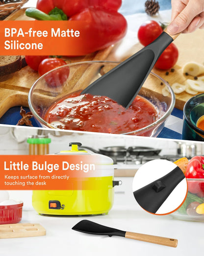 Cooking Spoon for Nonstick Cookwares, Great for Cooking and Serving Sturdy BPA-Free Matte Silicone, Wood Handle Spoon for Mixing, Scoop, and Scrape (2 Pack of Black, 13.4 inch)