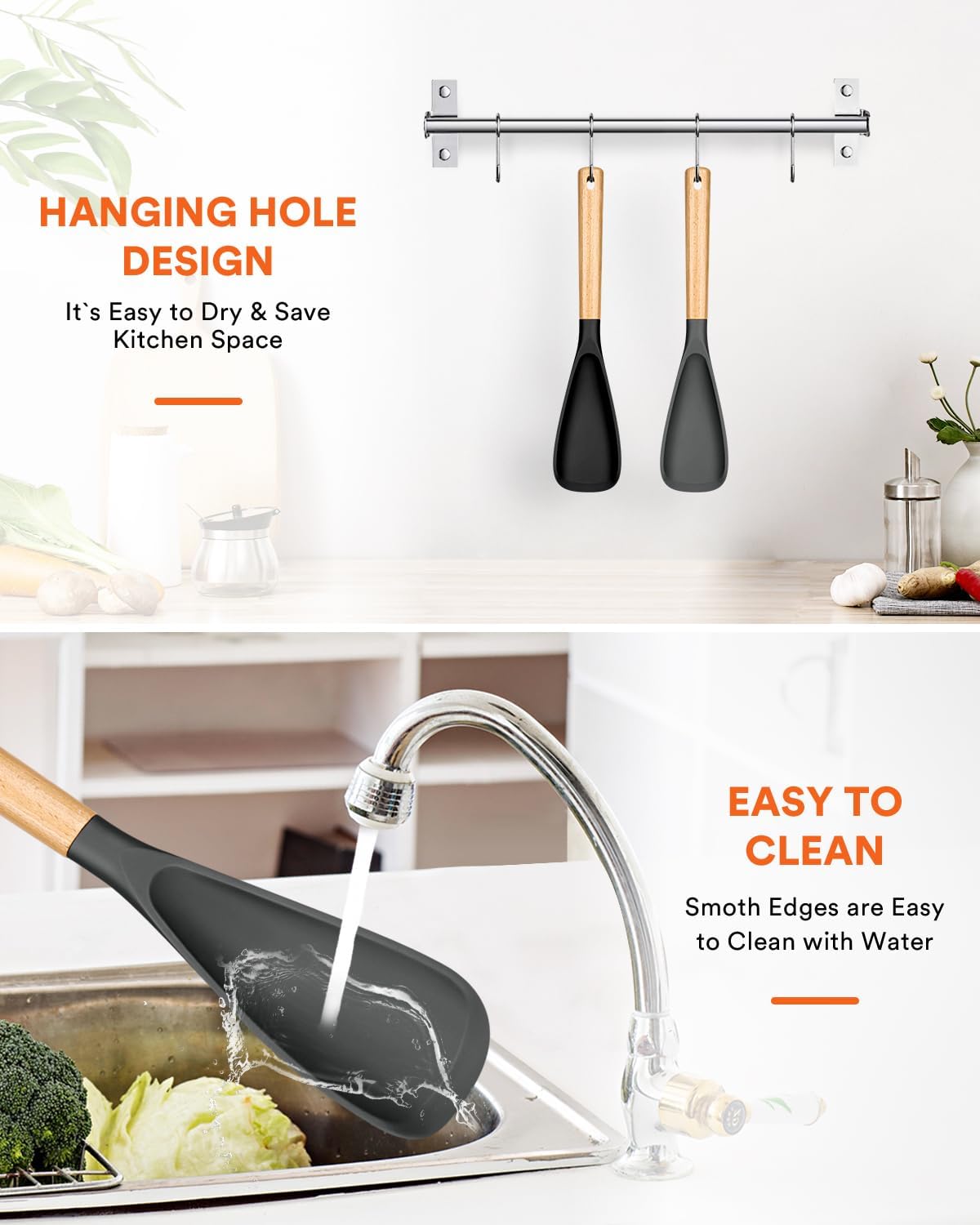 Cooking Spoon for Nonstick Cookwares, Great for Cooking and Serving Sturdy BPA-Free Matte Silicone, Wood Handle Spoon for Mixing, Scoop, and Scrape (2 Pack of Black, 13.4 inch)