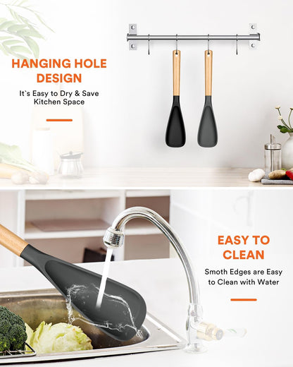 Cooking Spoon for Nonstick Cookwares, Great for Cooking and Serving Sturdy BPA-Free Matte Silicone, Wood Handle Spoon for Mixing, Scoop, and Scrape (2 Pack of Black, 13.4 inch)