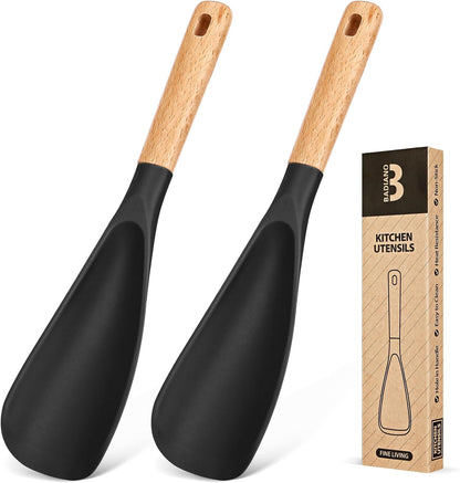 Cooking Spoon for Nonstick Cookwares, Great for Cooking and Serving Sturdy BPA-Free Matte Silicone, Wood Handle Spoon for Mixing, Scoop, and Scrape (2 Pack of Black, 13.4 inch)